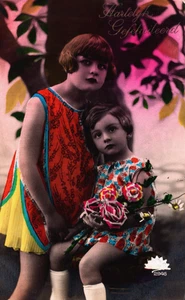 Victorian Girls with Flowers Happy Birthday Vintage RPPC B267 - Picture 1 of 2