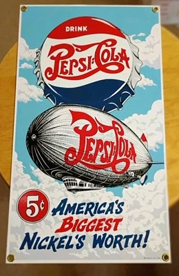 Ande Rooney porcelain METAL sign Pepsi-Cola Zeppelin Nostalgic NOS Blimp Soda - Image 1 of 3