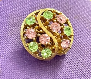 Pendientes con clip Sarah Coventry tono dorado redondo rosa y verde estrás B093 - Imagen 1 de 4