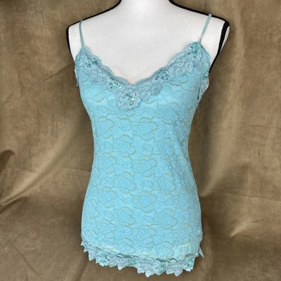 Vintage Rampage Y2K Lace Cami Fairy Tank Top Sequin Gold Whimsy Shirt Angel Mesh - Image 1 of 4