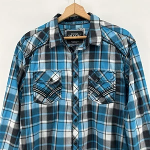 Camicia uomo manica lunga western nera a quadri fibbia blu nera taglia large - Foto 1 di 10