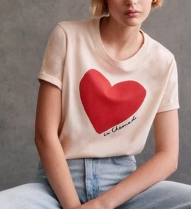 Sezane La Chamade Heart T-Shirt Women`s Top Tee Size XL EUC - Picture 1 of 9