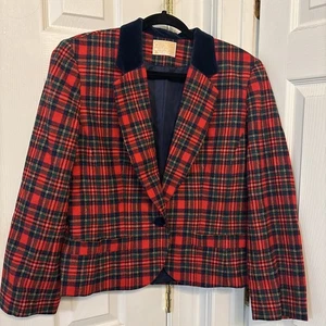 VTG Pendleton Wool Blazer Velvet Collar Womens Jacket 10 Red Blue Holiday Plaid - Foto 1 di 7