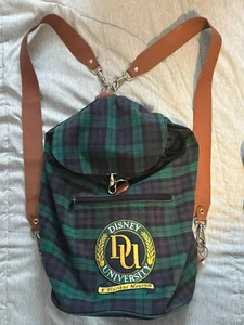 Vtg 90s Disney World Very Rare Drawstring Backpack Plaid Leather Trim Straps - Picture 1 of 4