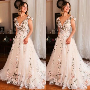 Vintage Lace Florals Wedding Dresses with Court Train Deep V Neck Bridal Gowns - Picture 1 of 11