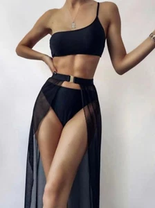 Black 3-Piece Swimsuit Bikini Sarong Coverup Skirt Cute Poolside Beach Vacation - Picture 1 of 1