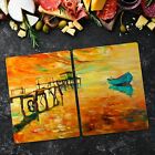 Glass Induction Ceramic Hob Cover Painting Sea Port Boat Sky Sunset 2X40x52 Cm
