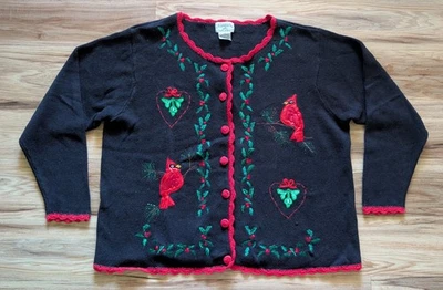 Suéter Cardenal Tejido Navidad De Colección Para Mujer 3X Negro Acebo Vacaciones Cottagecor Foto 1 de 4