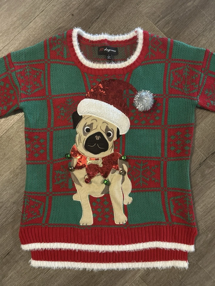 33 Degrees Ugly PUG Christmas Sweater Small Red Green Sequin Accent Jingle Bell - Image 1 of 4