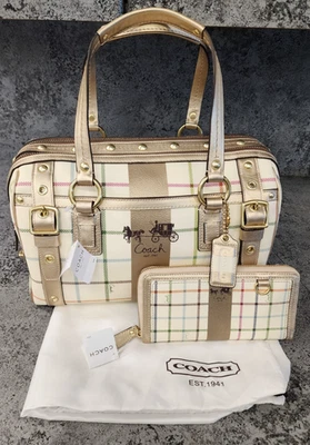 罕见蔻驰 XL Heritage Tattersall 金色金属包 带匹配钱包 全新!! - — 第 1/4 张图片