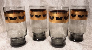 4 Smoke Gray Late MCM Gold Banded, Black Design Tumblers Set - Picture 1 of 9