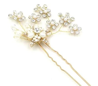Gold Crystal Bridal Hair Clip Blossom Rhinestone Hair Pins Wedding Accessories - Image 1 of 4