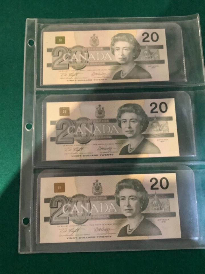 3 billetes consecutivos de 20 dólares de Canadá 1991 sin circular Foto 1 de 2