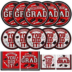 Graduation Party Supplies Dinnerware Set Red Disposable Dinner Paper Plates Dess - Picture 1 of 7
