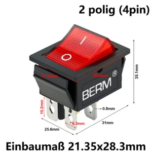 Wippenschalter, 2 polig (4pin) 16A 250VAC 21.35x28.3mm Rote Wippe beleuchte - Picture 1 of 3