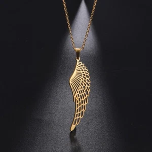 Mens Womens Angel Wing Charm Pendant Necklace Stainless Steel Gold Plated - Picture 1 of 4