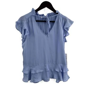 Blusa Parker Primrose Mangas Volantes Cuello en V Ligera Azul Sedoso Pequeña Foto 1 de 4