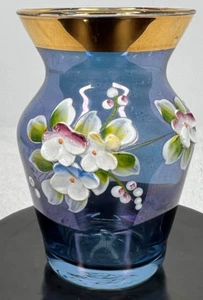 Small Blue Bohemian Vase Gold Trim with Enamel Flowers - 3" - Picture 1 of 7