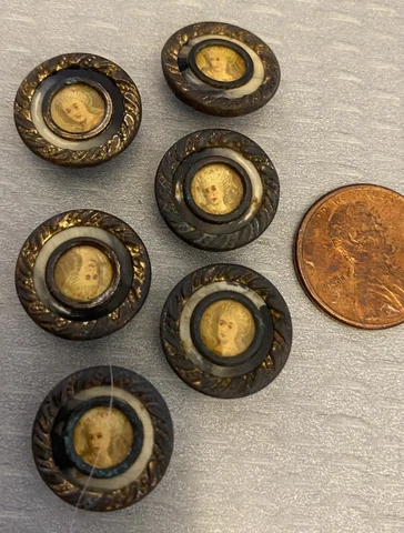 1900 Antique Brass Button Set 6 Celluloid Antoinette Miniature Portrait 16mm Cover