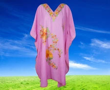 Womens Kaftan Dress, Pink Embroidered Midi Caftan Dresses, Oversize Summer L-3XL