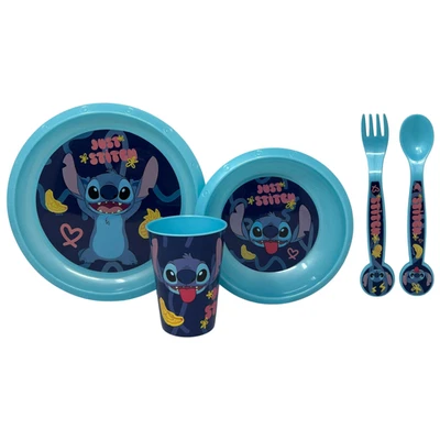 SET PAPPA 5 PEZZI STITCH DISNEY PLASTICA RIUTILIZZABILE PIATTI BICCHIERE POSATE - Immagine 1 di 4