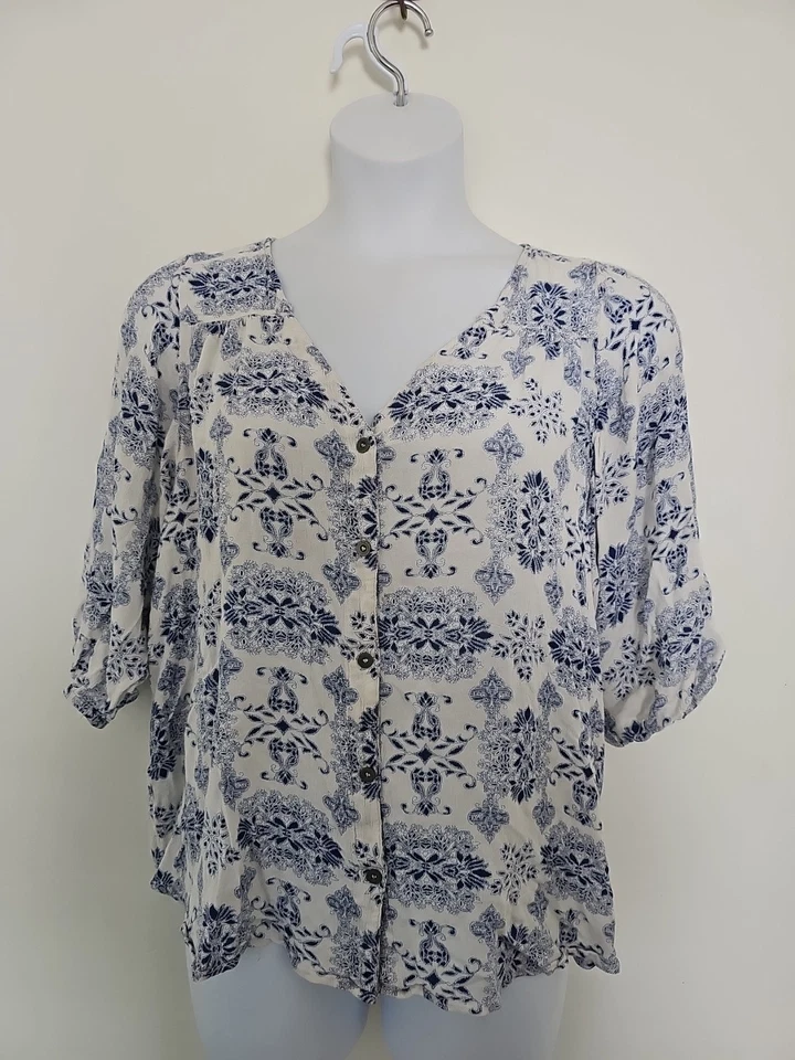 Blusa Vintage America Azul Botón Frontal Talla XL 3/4 Slv Azul Floral Foto 1 de 4