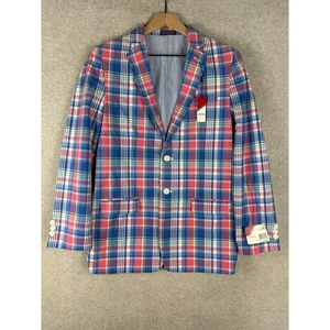 IZOD Jacket Boys 18 Blazer Blue Pink Plaid Classic Fit Cotton Colorful NEW - Picture 1 of 9