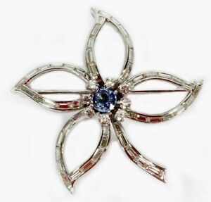 2 Ct Blue Tanzanite & Sim Diamond Silver Flower Pin & Brooch 14K White Gold FN