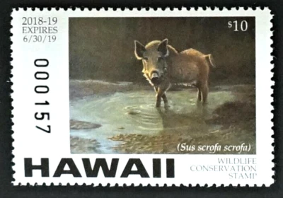 2018 Hawaii Wildlife Conservation Duck Stamp, HI21, Feral Pig, $$$ Below Face $$ - Image 1 of 2