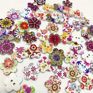 50pcs Colored Drawing Flowers Wooden Buttons for Sewing & Crafts - Picture 1 of 2
