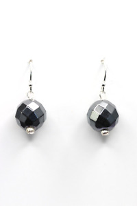 Hematite Black 10mm Ball Faceted Gemstone .925 Sterling Silver Earrings 1"