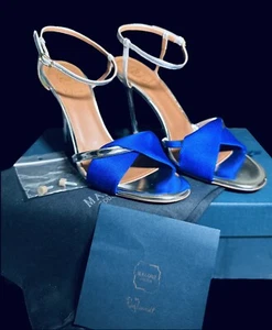 Malone Souliers blau/silber Folie Leder & Stoff Knöchelriemen Heels, Größe 9,5 US - Bild 1 von 8
