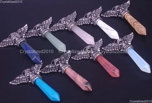 Natural Gemstones Halloween Skull Wing Hexagonal Chakra Pendant Necklaces Beads - Picture 1 of 34