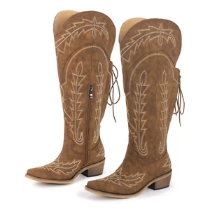 Womens Western Cowgirl Knee High Boots Chunky Heel Pointed Toe Embroidered Boots - Picture 1 of 39