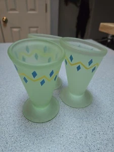RARE VTG Art Deco Set of 3 Frosted Green Parfait Ice Cream Sundae Glasses - Picture 1 of 2