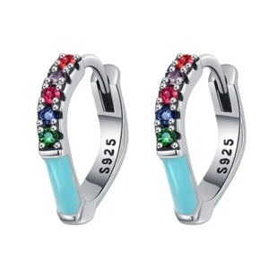 925 Solid Sterling Silver Vintage Enamel Colorful 5A Zirconia Hoop Earrings Gift - Picture 1 of 6