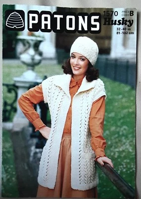 Original Patons Husky Chunky Ladies Waistcoat &hat 32"-40" Knitting Pattern 1570 - Image 1 of 3