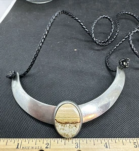 1970's Modernist ALEXIS KIRK Matte Silver Tone Collar Necklace Cabochon Read - Picture 1 of 6