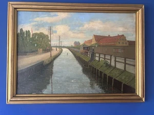 Marius Nielsen 1882-1971 escena del canal danés enmarcada óleo sobre lienzo 30” X 22” - Imagen 1 de 12