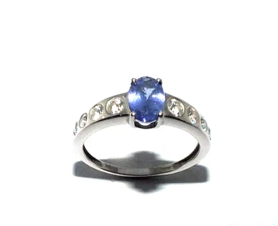 Ladies women's 9ct 9carat white gold diamond & tanzanite ring UK size M 1/2 - Image 1 of 4