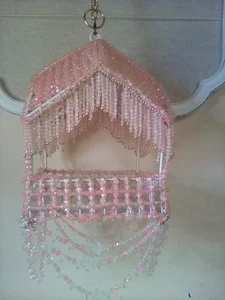 Vintage Beaded Hanging Pink/White House Shaped Basket - Picture 1 of 11