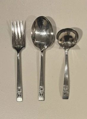 Oneida Community Coronation 1936 Silverplate Serving Fork Spoon Gravy Ladle 3-pc - Image 1 of 4