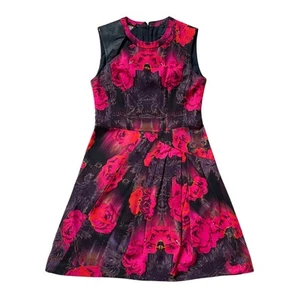 Nanette Lepore Dress Size 2 | Rose Print, Leather Trim, Fit & Flare, Made in USA - Picture 1 of 7