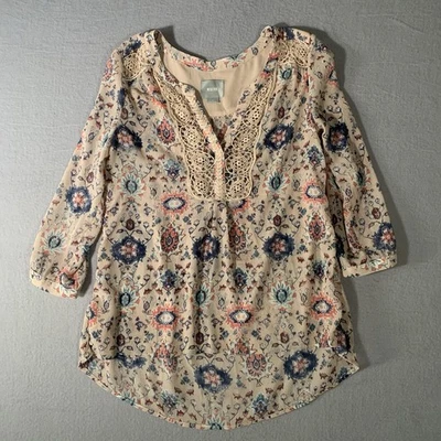 Blusa Boho Maeve Anthropologie Crema Viola Floral Manga Larga Crochet Talla 4 Foto 1 de 4