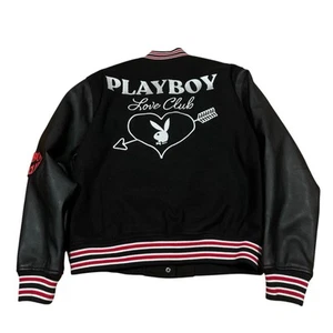 Playboy by PACSUN Love Club Black Embroidered Varsity Bomber Jacket Size Small - Picture 1 of 12