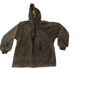 Vtg  Filson Foul Weather Jacket Sz M Style 1438N Hooded Waxed Tin Cloth Holes - Picture 1 of 23