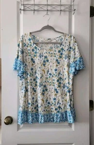 CATO Damen Bluse Blumen Rüschen Kurzarm Rundhals Baumwolle Blau Weiß XL - Bild 1 von 7