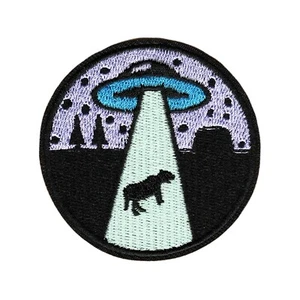 UFO Alien Abduction Cow Beam Design Embroidered Iron-On Patch - Picture 1 of 2
