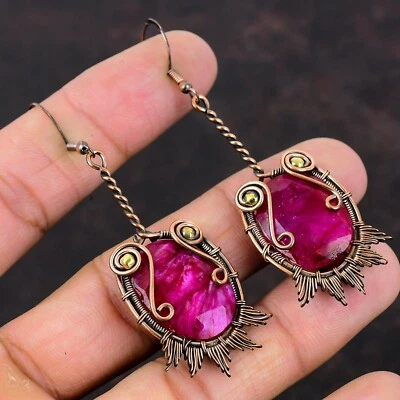 Pendientes nuevos envueltos en alambre colgante hecho a mano de piedra de rubí de cachemira de cobre joyería Foto 1 de 4