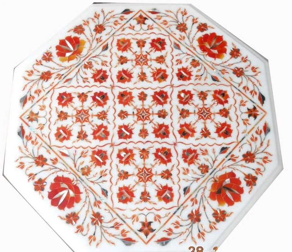 18" side marble Coffee Table Top carnelian precious stones Inlay Decor art - Image 1 of 1